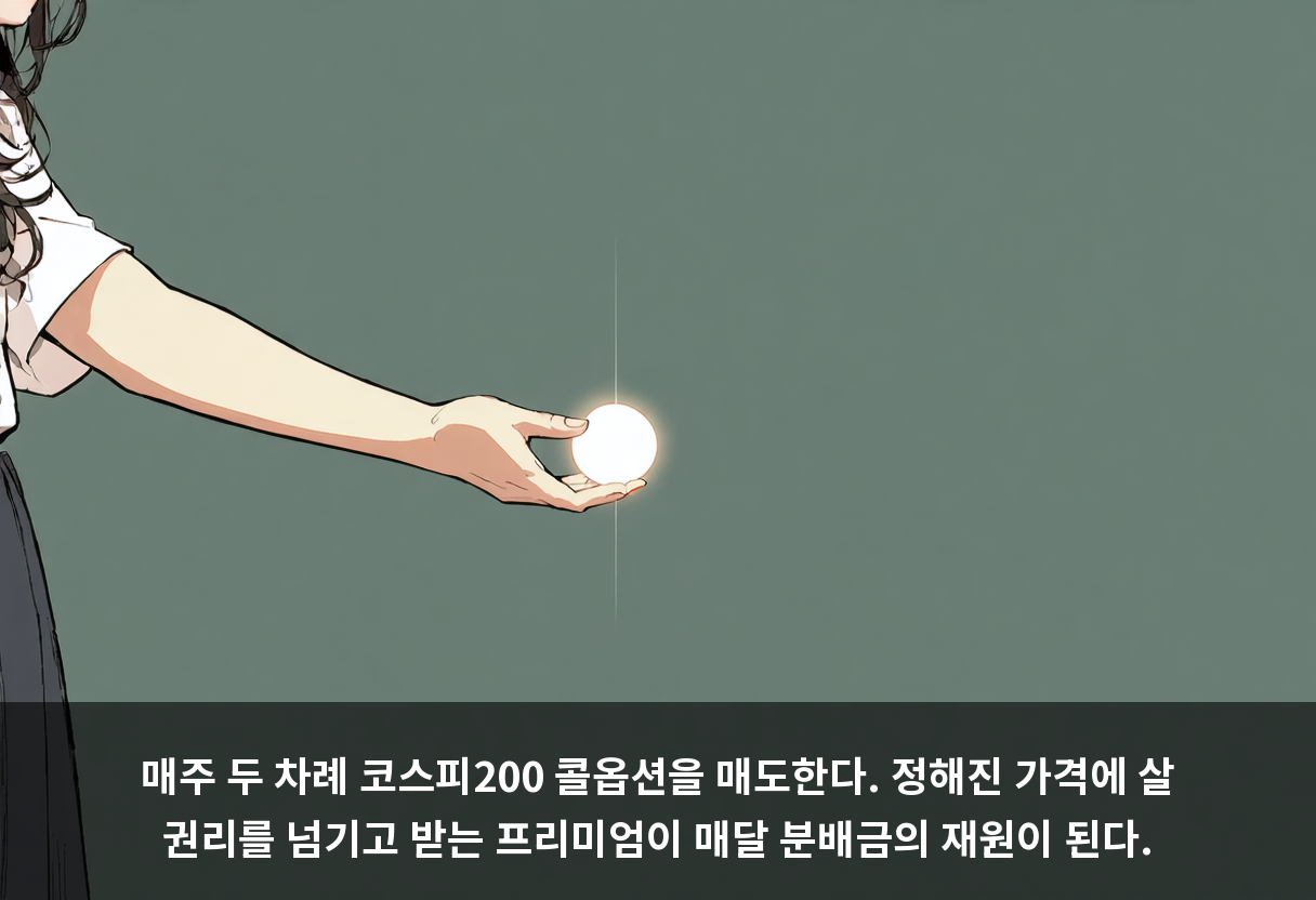 매주 두 차례 코스피200 콜옵션을 매도한다. 정해진 가격에 살 권리를 넘기고 받는 프리미엄이 매달 분배금의 재원이 된다.
