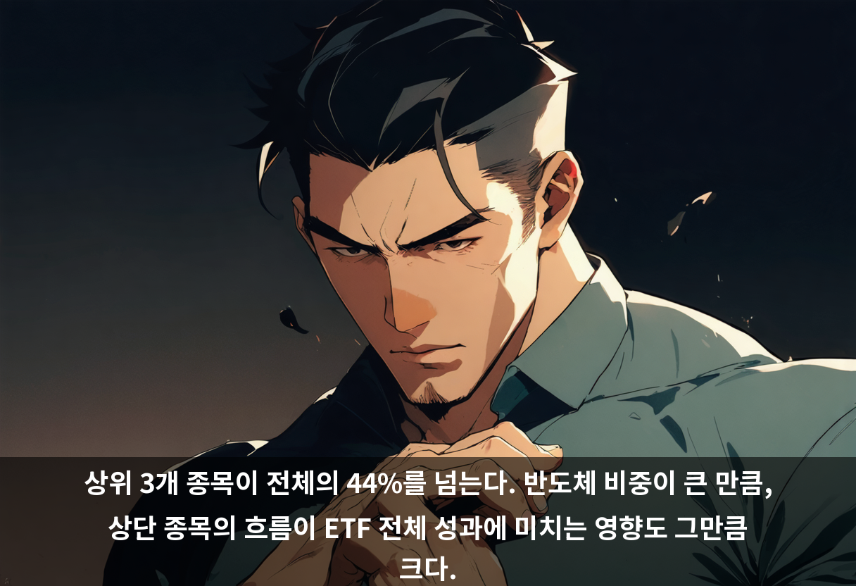 상위 3개 종목이 전체의 44%를 넘는다. 반도체 비중이 큰 만큼, 상단 종목의 흐름이 ETF 전체 성과에 미치는 영향도 그만큼 크다.
