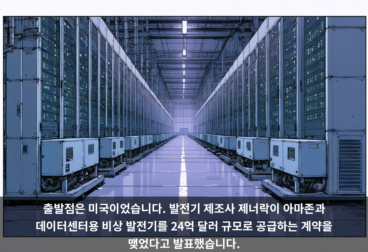 출발점은 미국이었습니다. 발전기 제조사 제너락이 아마존과 데이터센터용 비상 발전기를 24억 달러 규모로 공급하는 계약을 맺었다고 발표했습니다.