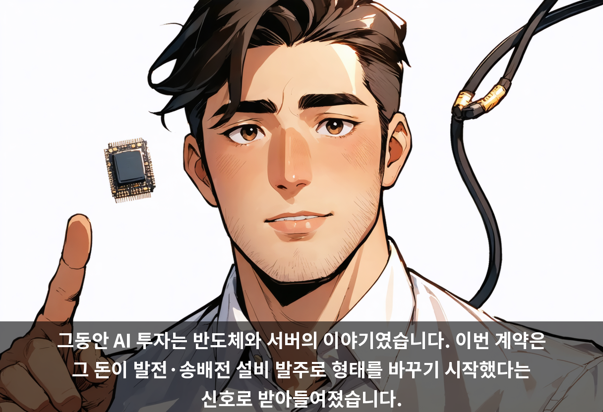 그동안 AI 투자는 반도체와 서버의 이야기였습니다. 이번 계약은 그 돈이 발전·송배전 설비 발주로 형태를 바꾸기 시작했다는 신호로 받아들여졌습니다.