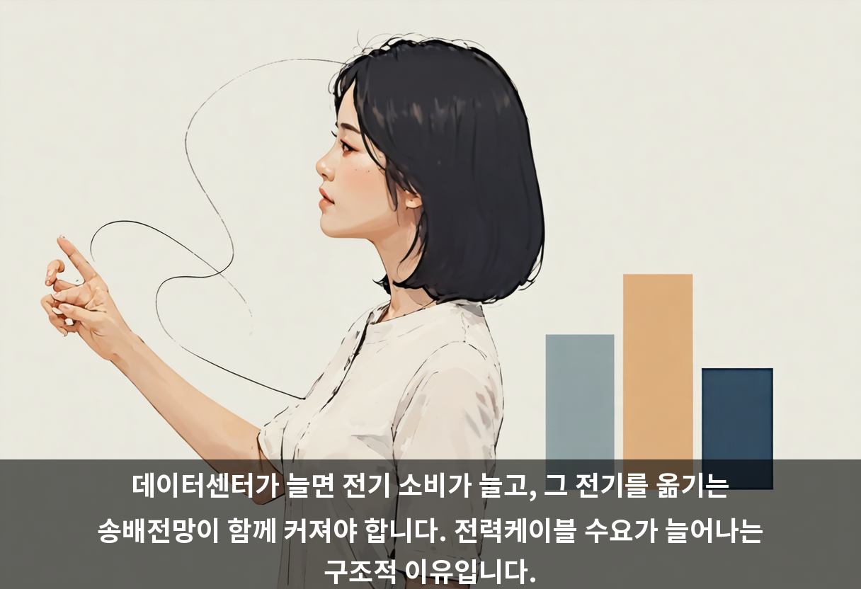 데이터센터가 늘면 전기 소비가 늘고, 그 전기를 옮기는 송배전망이 함께 커져야 합니다. 전력케이블 수요가 늘어나는 구조적 이유입니다.