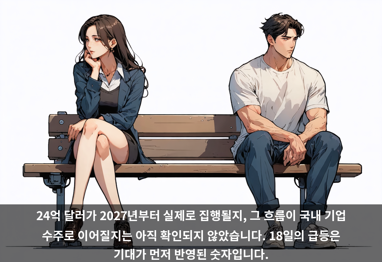24억 달러가 2027년부터 실제로 집행될지, 그 흐름이 국내 기업 수주로 이어질지는 아직 확인되지 않았습니다. 18일의 급등은 기대가 먼저 반영된 숫자입니다.