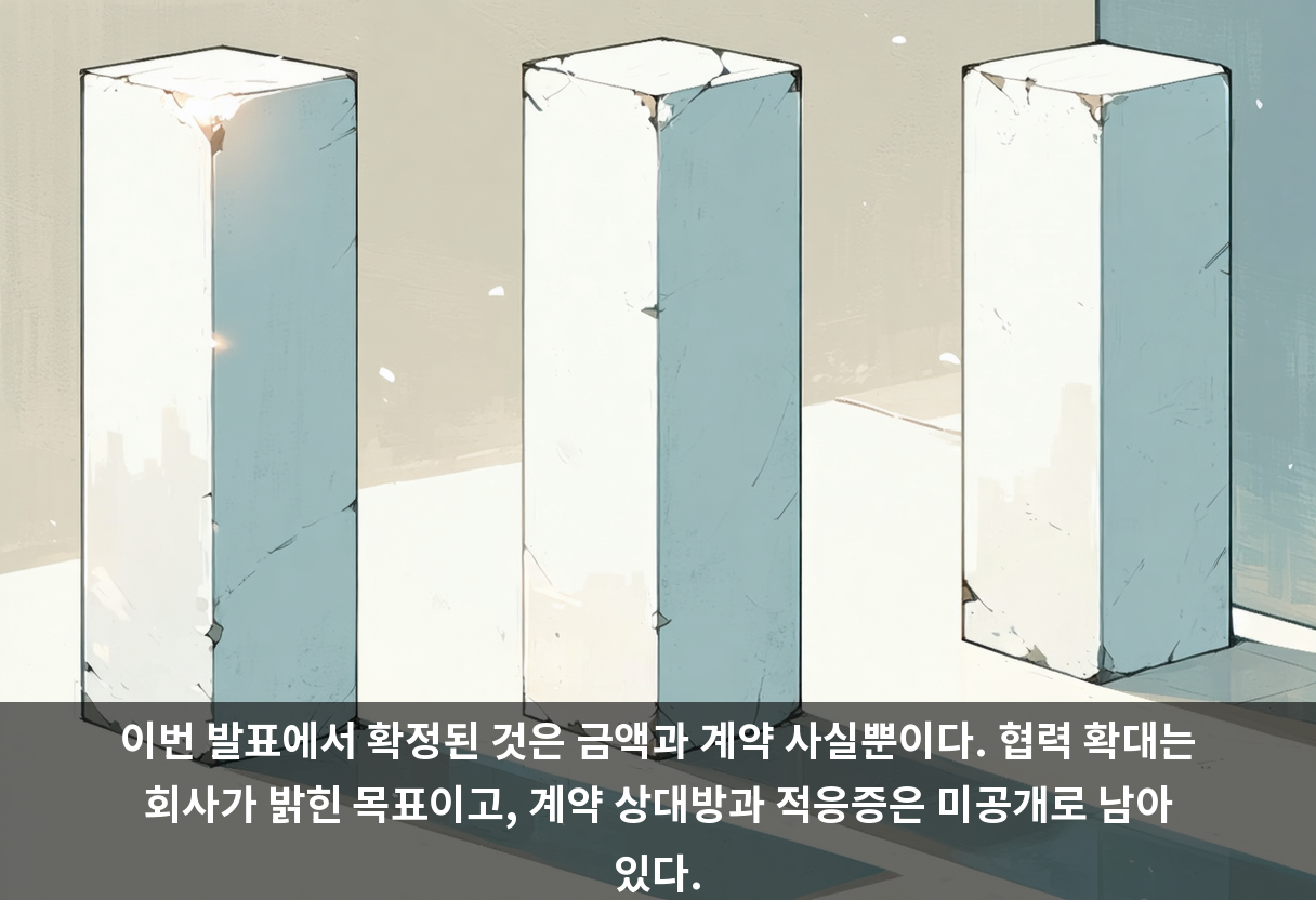 이번 발표에서 확정된 것은 금액과 계약 사실뿐이다. 협력 확대는 회사가 밝힌 목표이고, 계약 상대방과 적응증은 미공개로 남아 있다.