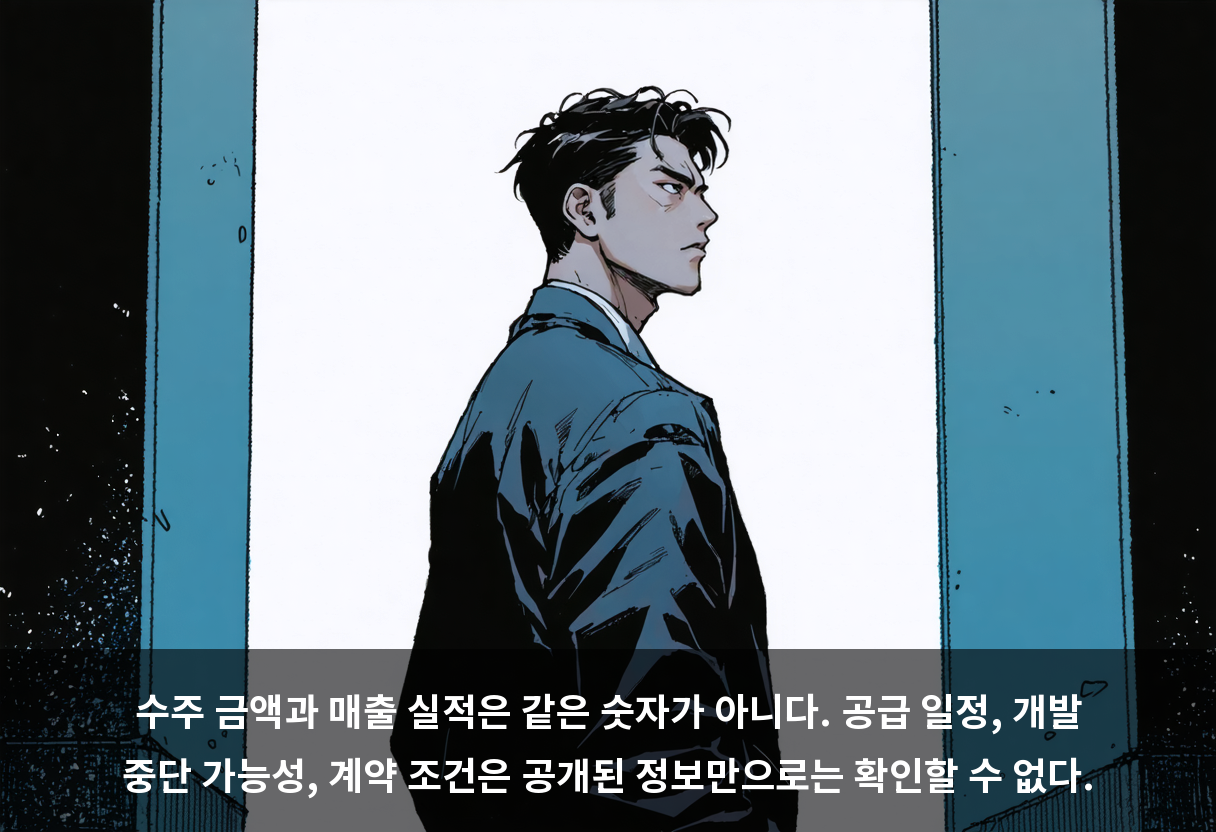 수주 금액과 매출 실적은 같은 숫자가 아니다. 공급 일정, 개발 중단 가능성, 계약 조건은 공개된 정보만으로는 확인할 수 없다.