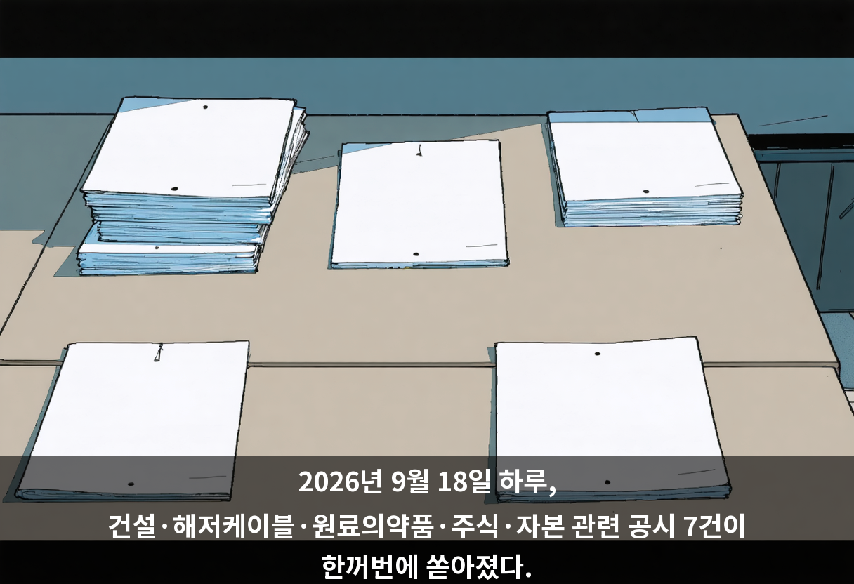 2026년 9월 18일 하루, 건설·해저케이블·원료의약품·주식·자본 관련 공시 7건이 한꺼번에 쏟아졌다.