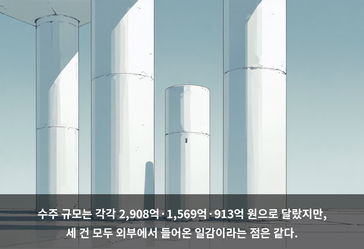 수주 규모는 각각 2,908억·1,569억·913억 원으로 달랐지만, 세 건 모두 외부에서 들어온 일감이라는 점은 같다.