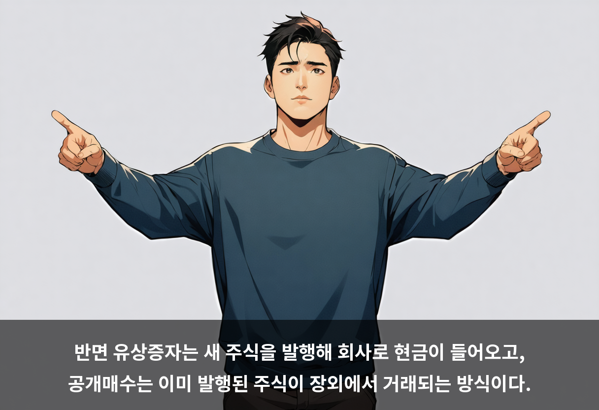 반면 유상증자는 새 주식을 발행해 회사로 현금이 들어오고, 공개매수는 이미 발행된 주식이 장외에서 거래되는 방식이다.