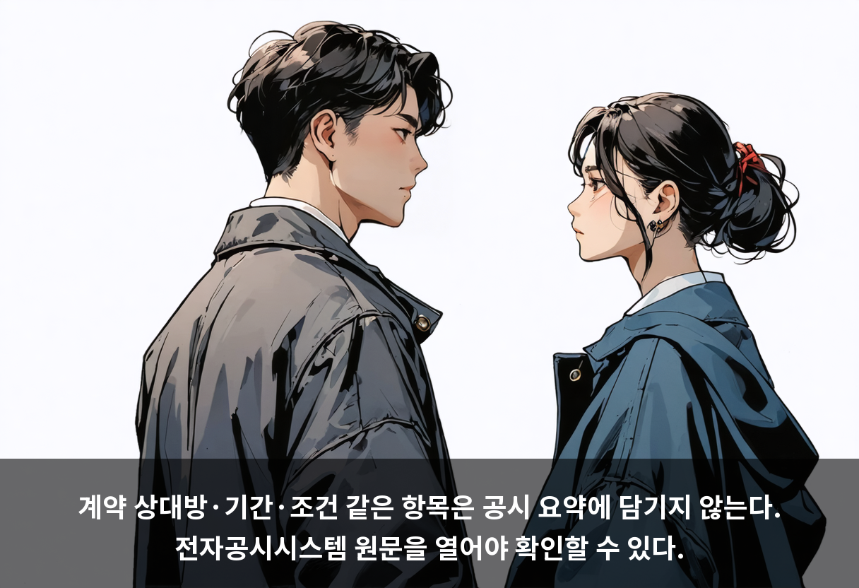계약 상대방·기간·조건 같은 항목은 공시 요약에 담기지 않는다. 전자공시시스템 원문을 열어야 확인할 수 있다.