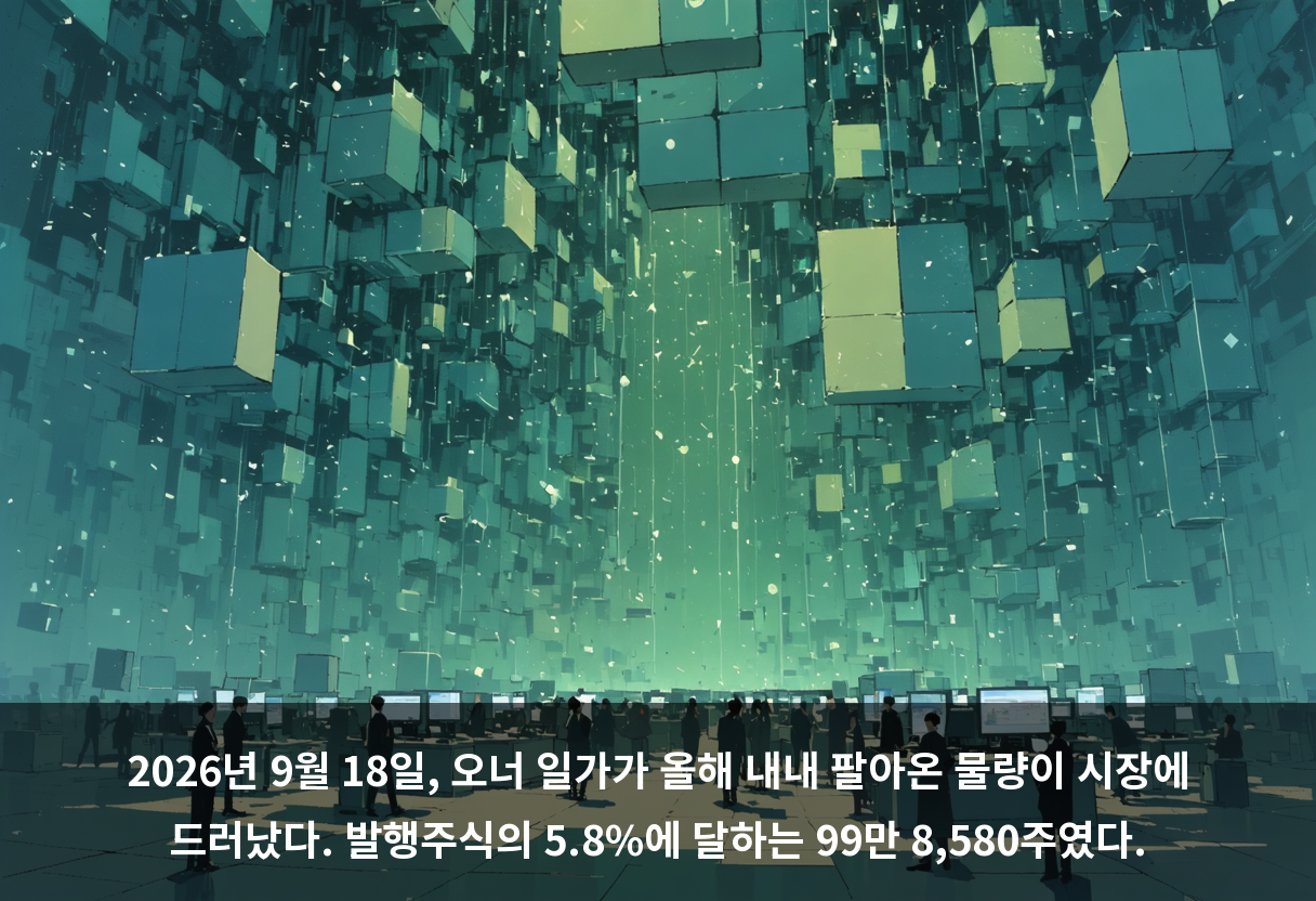 2026년 9월 18일, 오너 일가가 올해 내내 팔아온 물량이 시장에 드러났다. 발행주식의 5.8%에 달하는 99만 8,580주였다.