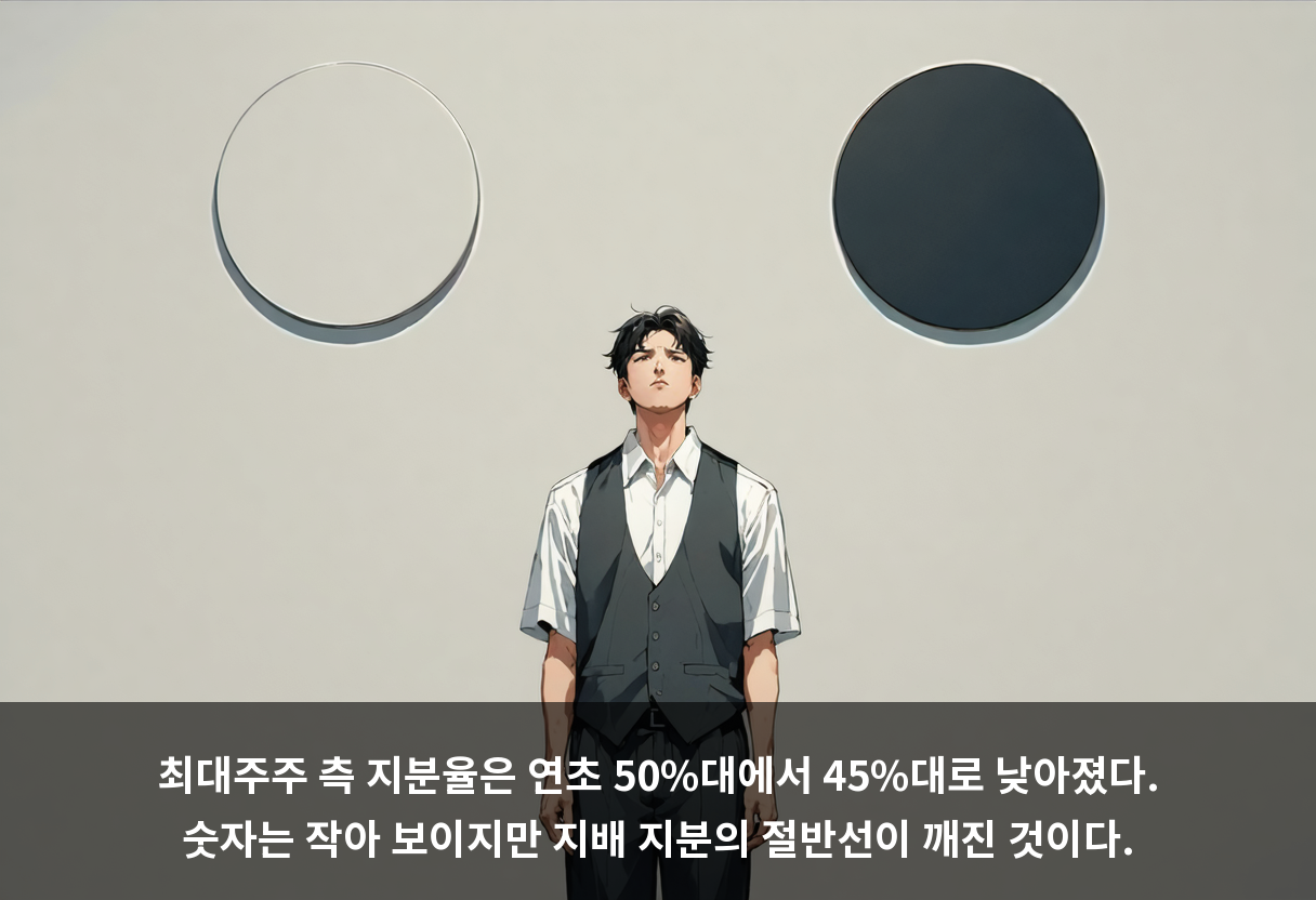 최대주주 측 지분율은 연초 50%대에서 45%대로 낮아졌다. 숫자는 작아 보이지만 지배 지분의 절반선이 깨진 것이다.