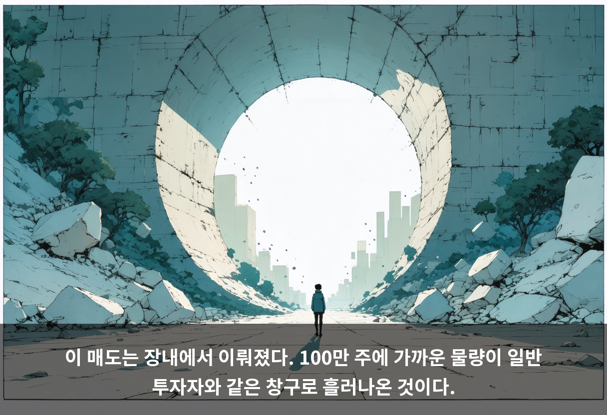 이 매도는 장내에서 이뤄졌다. 100만 주에 가까운 물량이 일반 투자자와 같은 창구로 흘러나온 것이다.