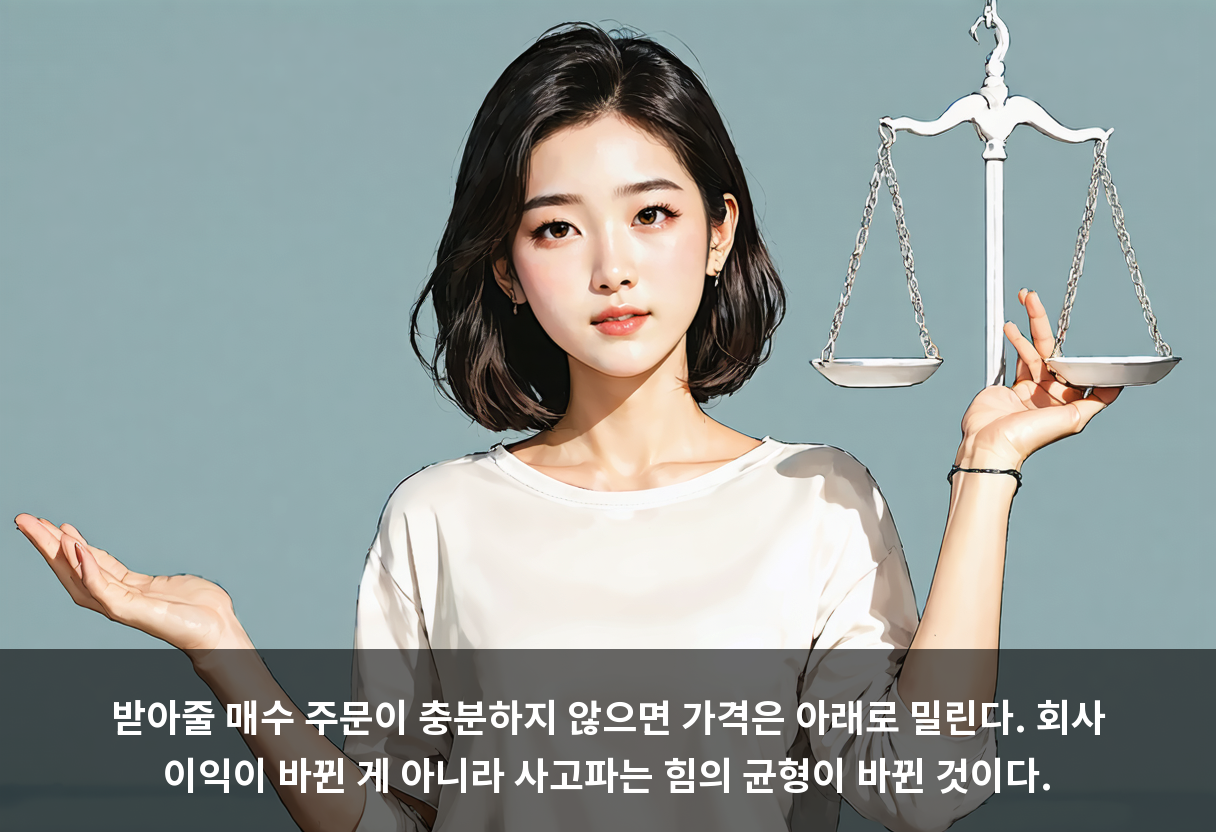 받아줄 매수 주문이 충분하지 않으면 가격은 아래로 밀린다. 회사 이익이 바뀐 게 아니라 사고파는 힘의 균형이 바뀐 것이다.
