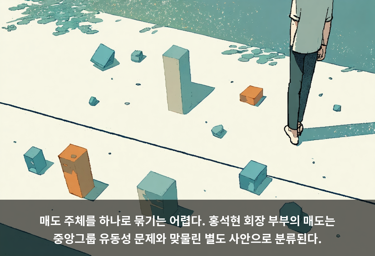 매도 주체를 하나로 묶기는 어렵다. 홍석현 회장 부부의 매도는 중앙그룹 유동성 문제와 맞물린 별도 사안으로 분류된다.