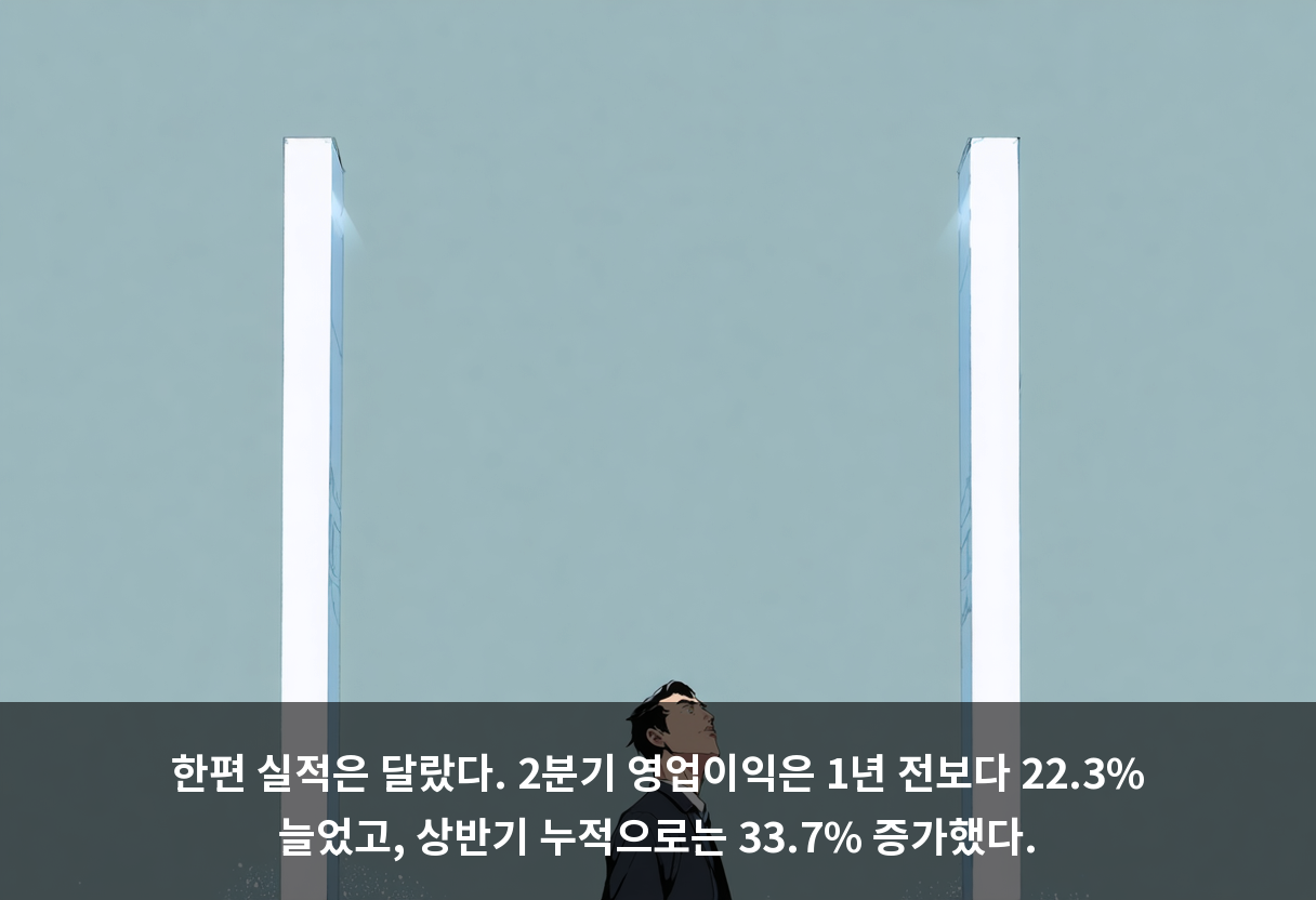 한편 실적은 달랐다. 2분기 영업이익은 1년 전보다 22.3% 늘었고, 상반기 누적으로는 33.7% 증가했다.