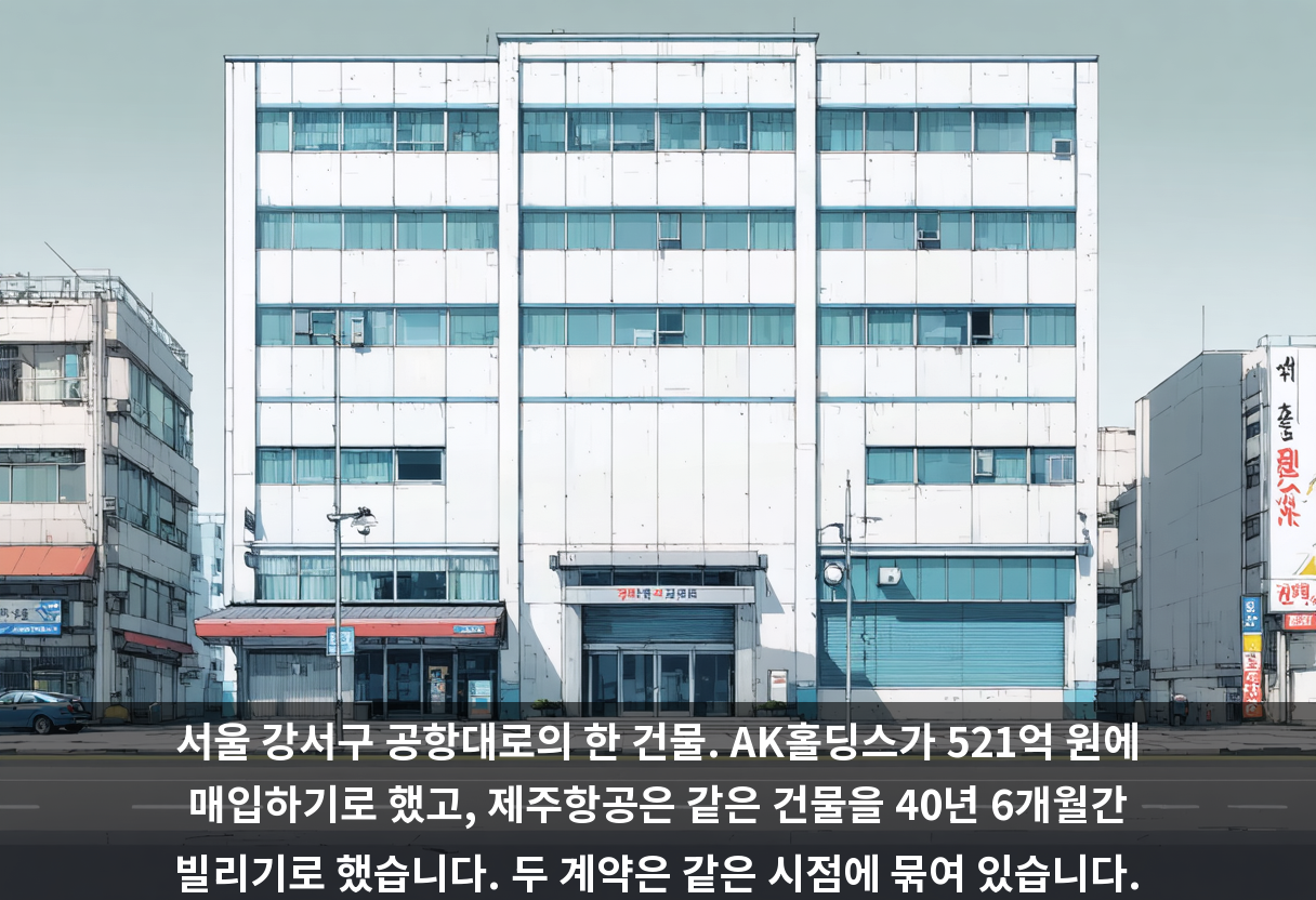 서울 강서구 공항대로의 한 건물. AK홀딩스가 521억 원에 매입하기로 했고, 제주항공은 같은 건물을 40년 6개월간 빌리기로 했습니다. 두 계약은 같은 시점에 묶여 있습니다.