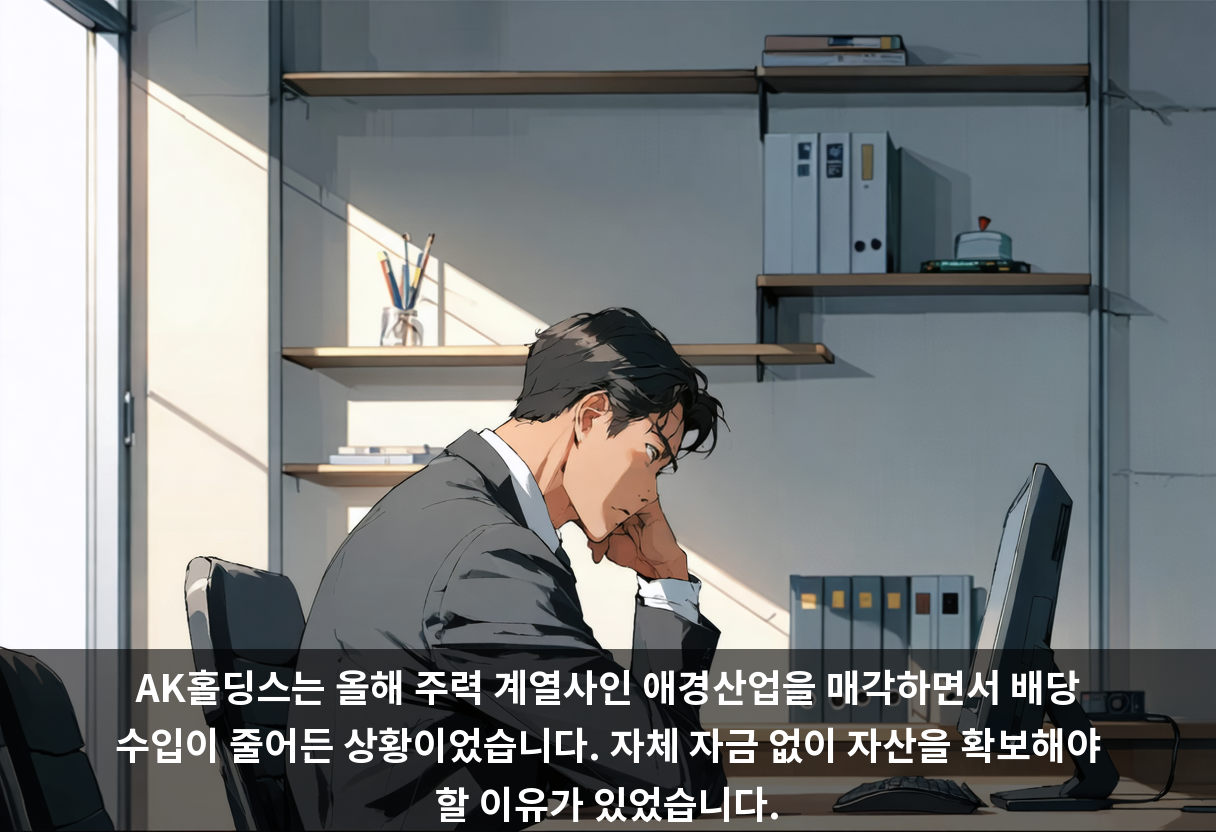 AK홀딩스는 올해 주력 계열사인 애경산업을 매각하면서 배당 수입이 줄어든 상황이었습니다. 자체 자금 없이 자산을 확보해야 할 이유가 있었습니다.