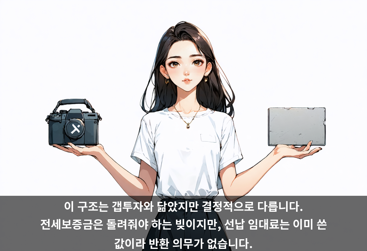 이 구조는 갭투자와 닮았지만 결정적으로 다릅니다. 전세보증금은 돌려줘야 하는 빚이지만, 선납 임대료는 이미 쓴 값이라 반환 의무가 없습니다.