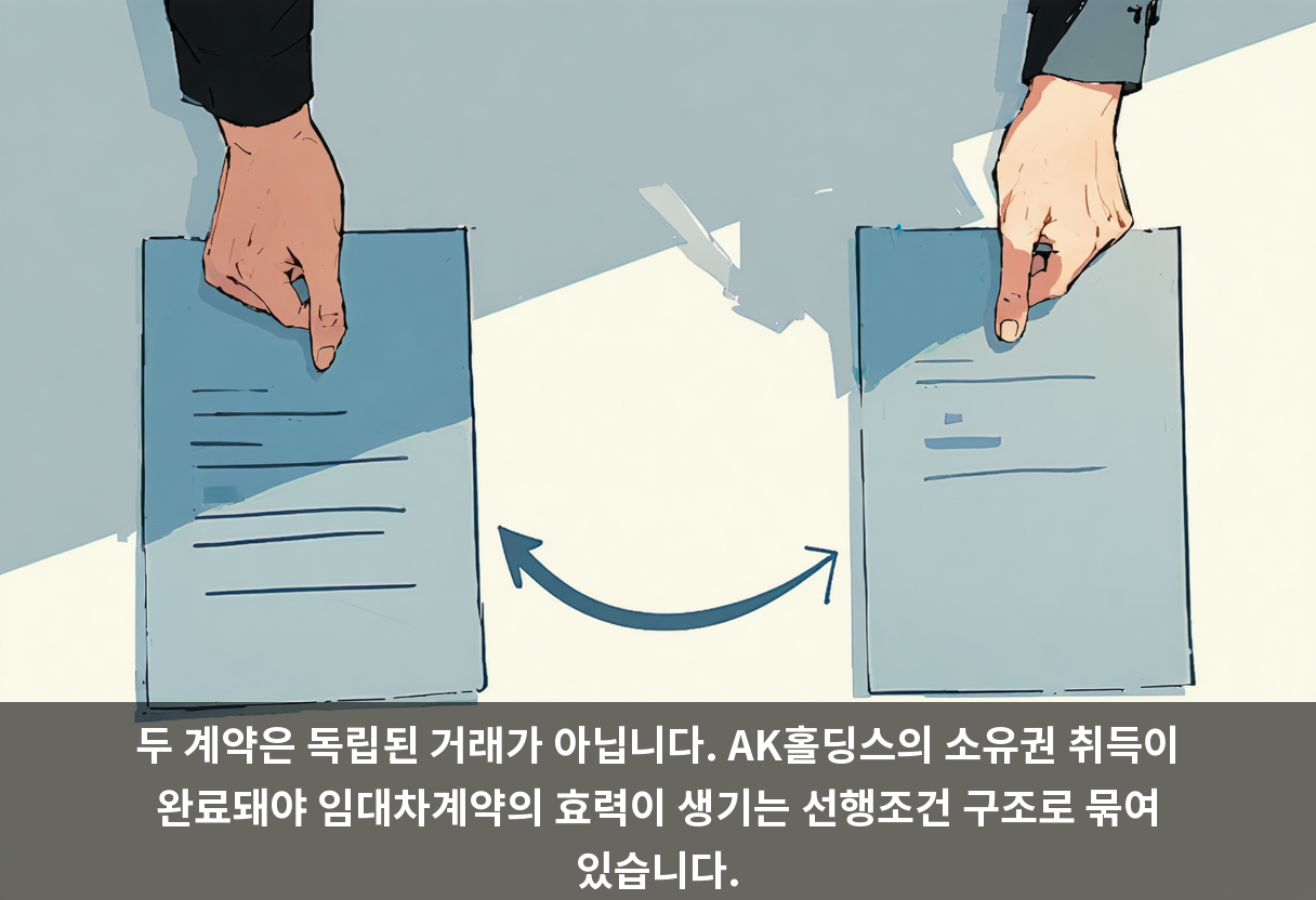 두 계약은 독립된 거래가 아닙니다. AK홀딩스의 소유권 취득이 완료돼야 임대차계약의 효력이 생기는 선행조건 구조로 묶여 있습니다.