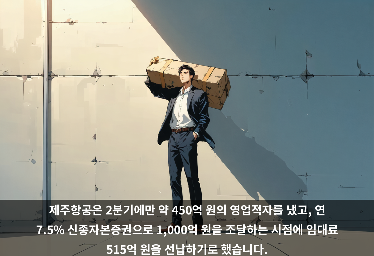 제주항공은 2분기에만 약 450억 원의 영업적자를 냈고, 연 7.5% 신종자본증권으로 1,000억 원을 조달하는 시점에 임대료 515억 원을 선납하기로 했습니다.
