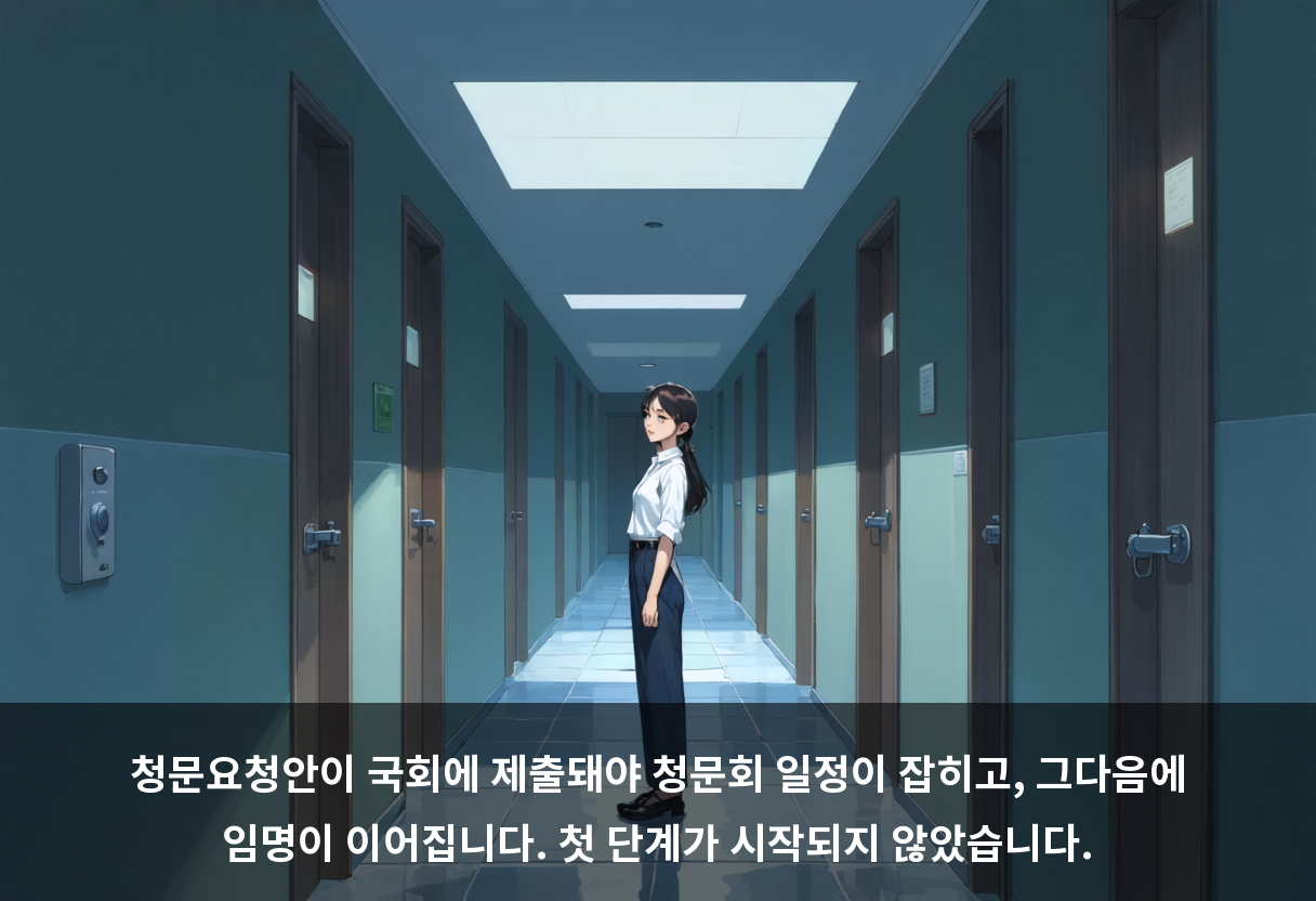 청문요청안이 국회에 제출돼야 청문회 일정이 잡히고, 그다음에 임명이 이어집니다. 첫 단계가 시작되지 않았습니다.