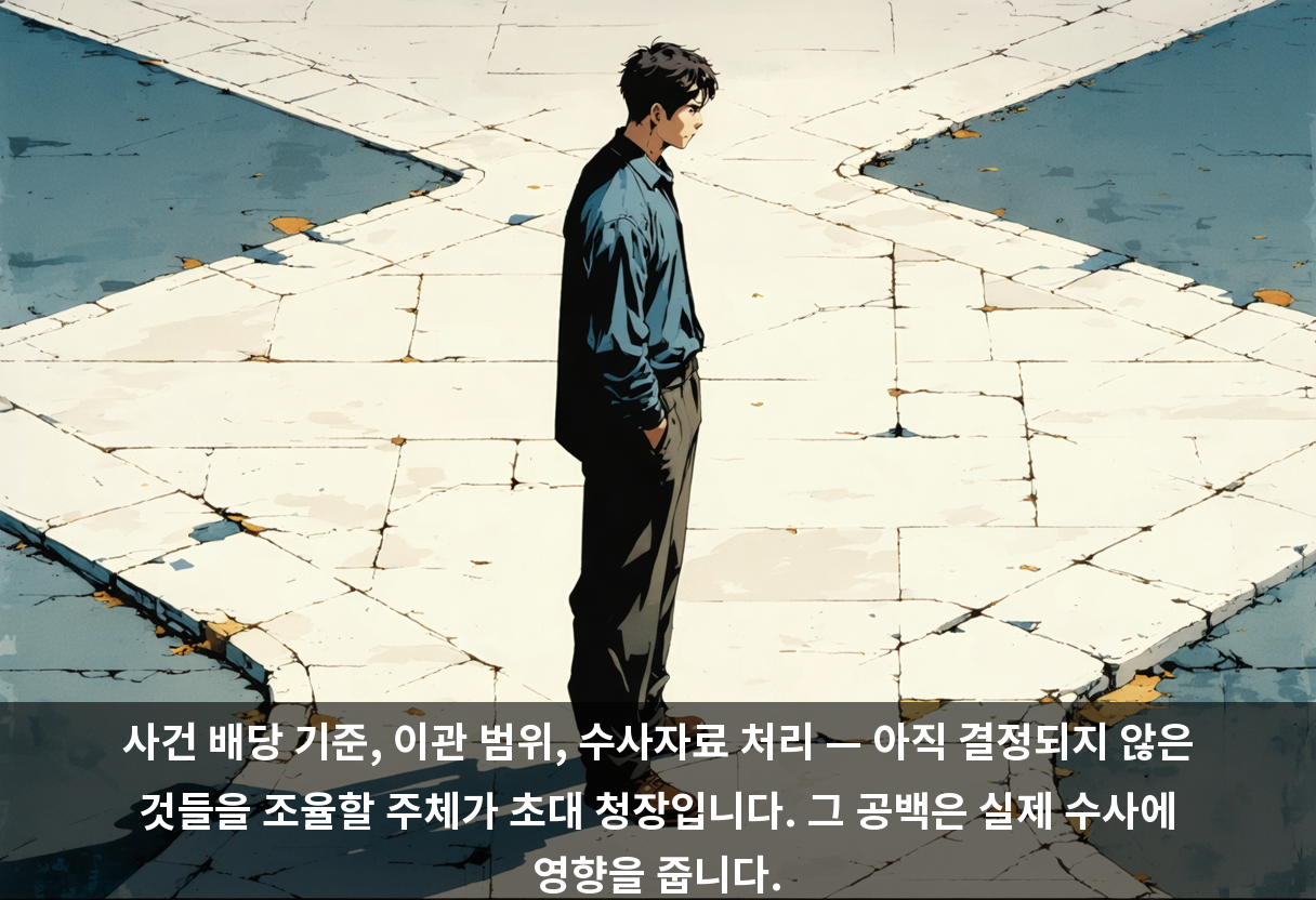 사건 배당 기준, 이관 범위, 수사자료 처리 — 아직 결정되지 않은 것들을 조율할 주체가 초대 청장입니다. 그 공백은 실제 수사에 영향을 줍니다.
