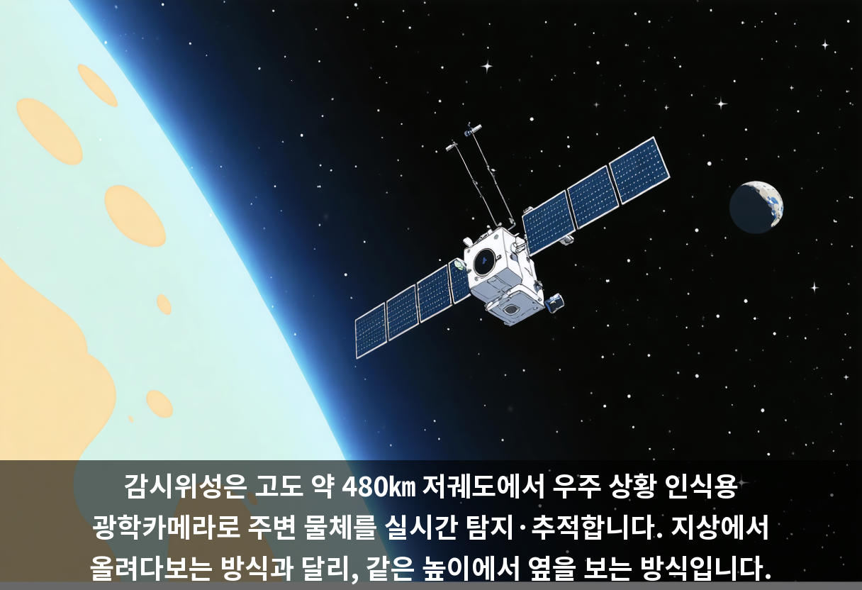 감시위성은 고도 약 480㎞ 저궤도에서 우주 상황 인식용 광학카메라로 주변 물체를 실시간 탐지·추적합니다. 지상에서 올려다보는 방식과 달리, 같은 높이에서 옆을 보는 방식입니다.