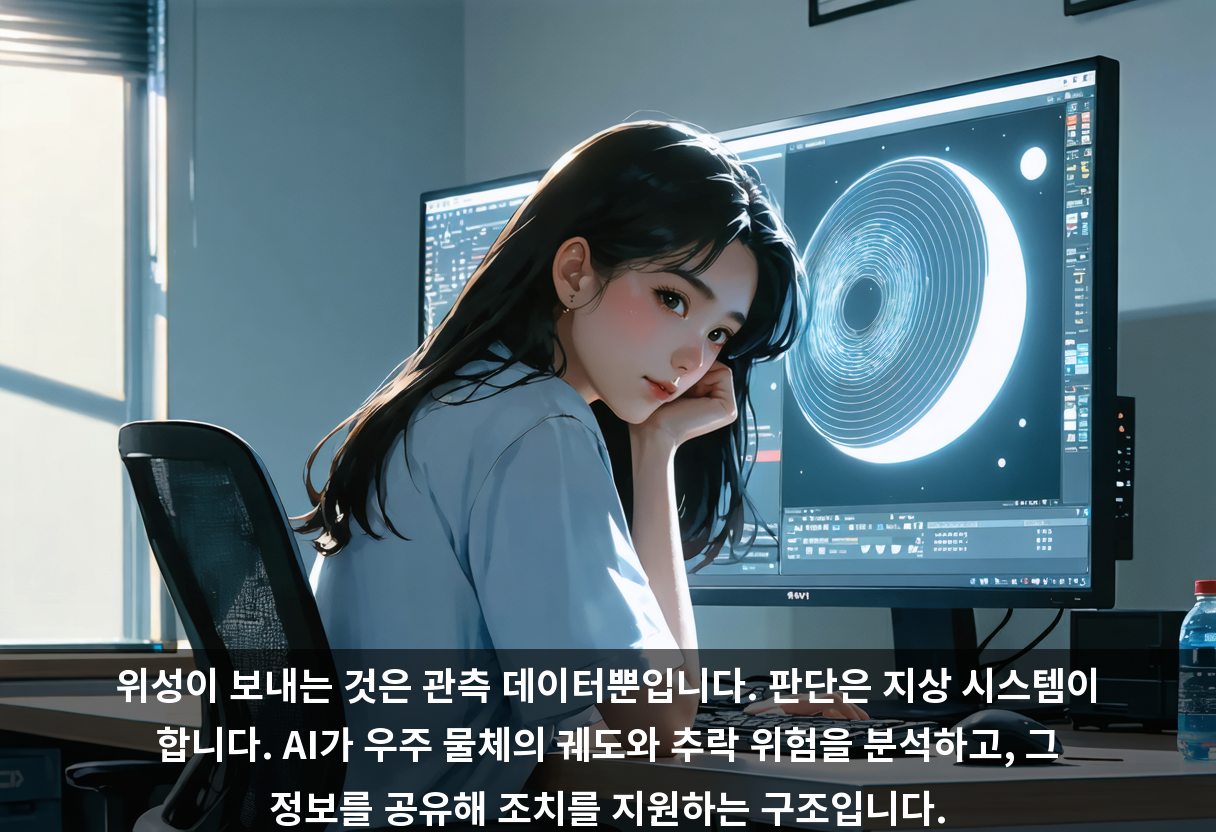 위성이 보내는 것은 관측 데이터뿐입니다. 판단은 지상 시스템이 합니다. AI가 우주 물체의 궤도와 추락 위험을 분석하고, 그 정보를 공유해 조치를 지원하는 구조입니다.