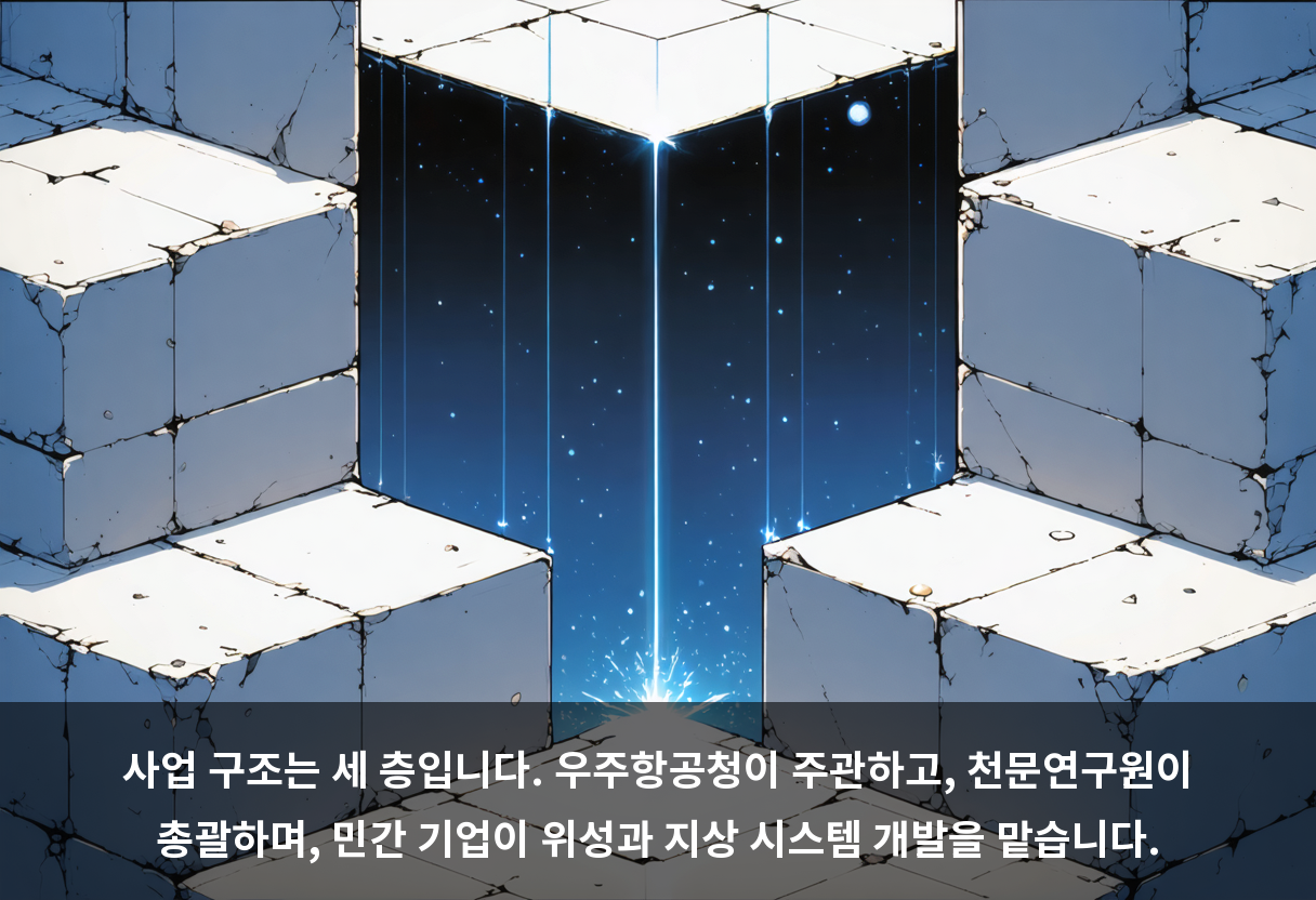사업 구조는 세 층입니다. 우주항공청이 주관하고, 천문연구원이 총괄하며, 민간 기업이 위성과 지상 시스템 개발을 맡습니다.