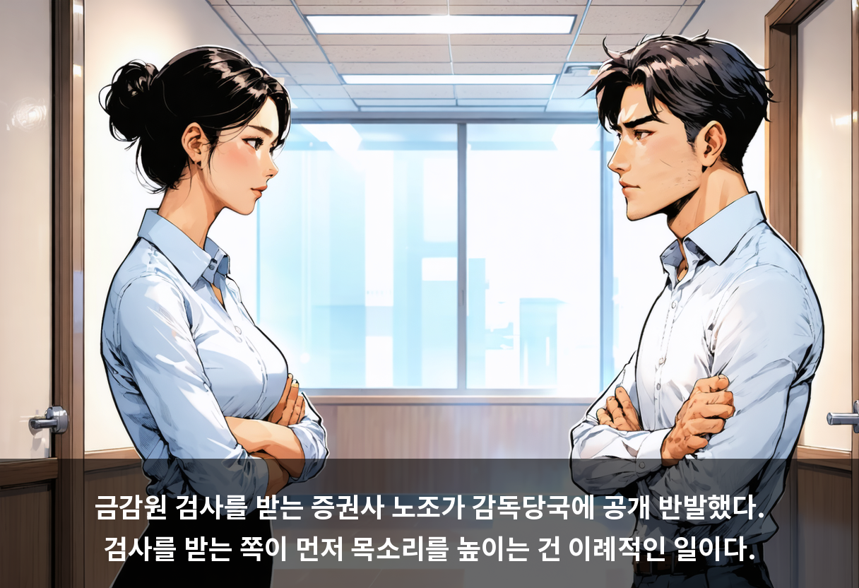 금감원 검사를 받는 증권사 노조가 감독당국에 공개 반발했다. 검사를 받는 쪽이 먼저 목소리를 높이는 건 이례적인 일이다.