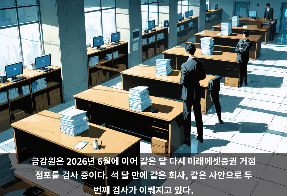 금감원은 2026년 6월에 이어 같은 달 다시 미래에셋증권 거점 점포를 검사 중이다. 석 달 만에 같은 회사, 같은 사안으로 두 번째 검사가 이뤄지고 있다.