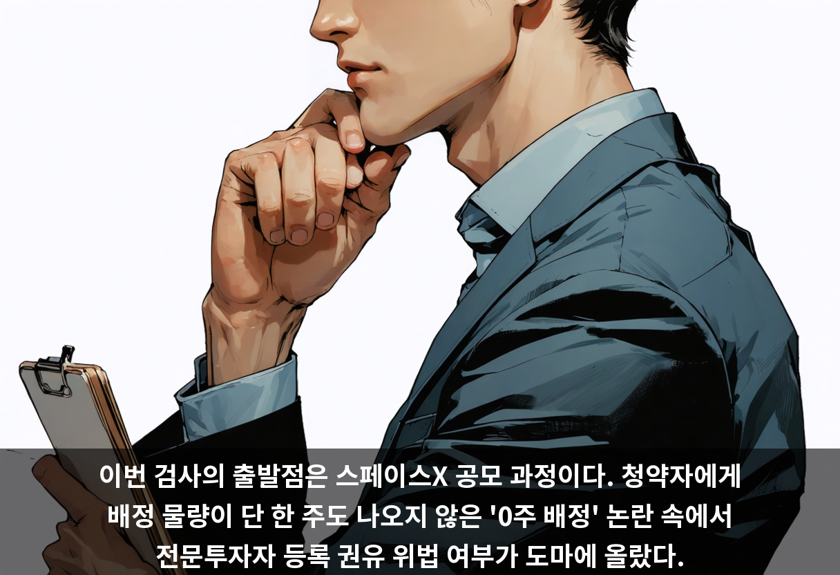 이번 검사의 출발점은 스페이스X 공모 과정이다. 청약자에게 배정 물량이 단 한 주도 나오지 않은 '0주 배정' 논란 속에서 전문투자자 등록 권유 위법 여부가 도마에 올랐다.