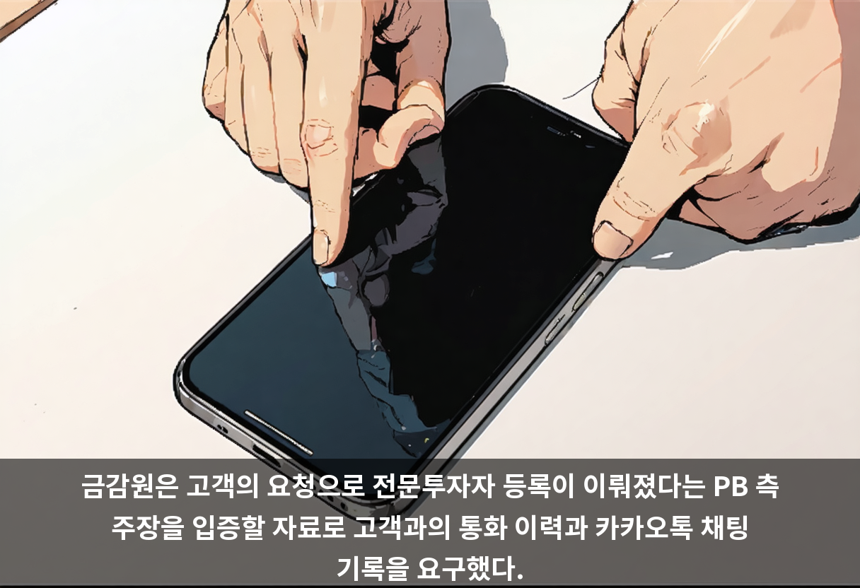 금감원은 고객의 요청으로 전문투자자 등록이 이뤄졌다는 PB 측 주장을 입증할 자료로 고객과의 통화 이력과 카카오톡 채팅 기록을 요구했다.