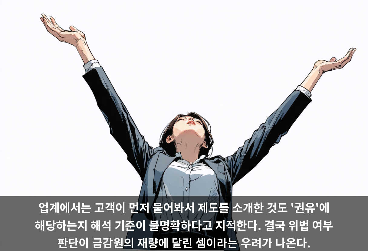 업계에서는 고객이 먼저 물어봐서 제도를 소개한 것도 '권유'에 해당하는지 해석 기준이 불명확하다고 지적한다. 결국 위법 여부 판단이 금감원의 재량에 달린 셈이라는 우려가 나온다.