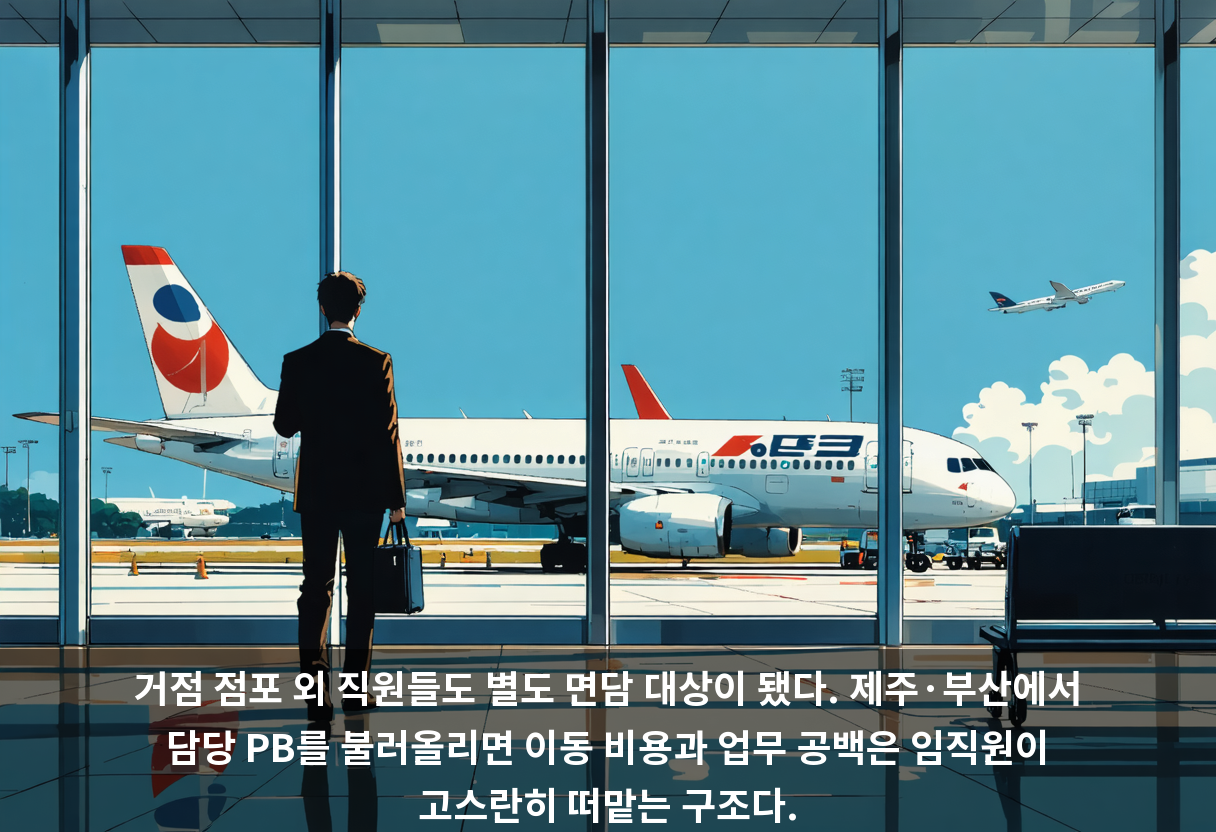 거점 점포 외 직원들도 별도 면담 대상이 됐다. 제주·부산에서 담당 PB를 불러올리면 이동 비용과 업무 공백은 임직원이 고스란히 떠맡는 구조다.