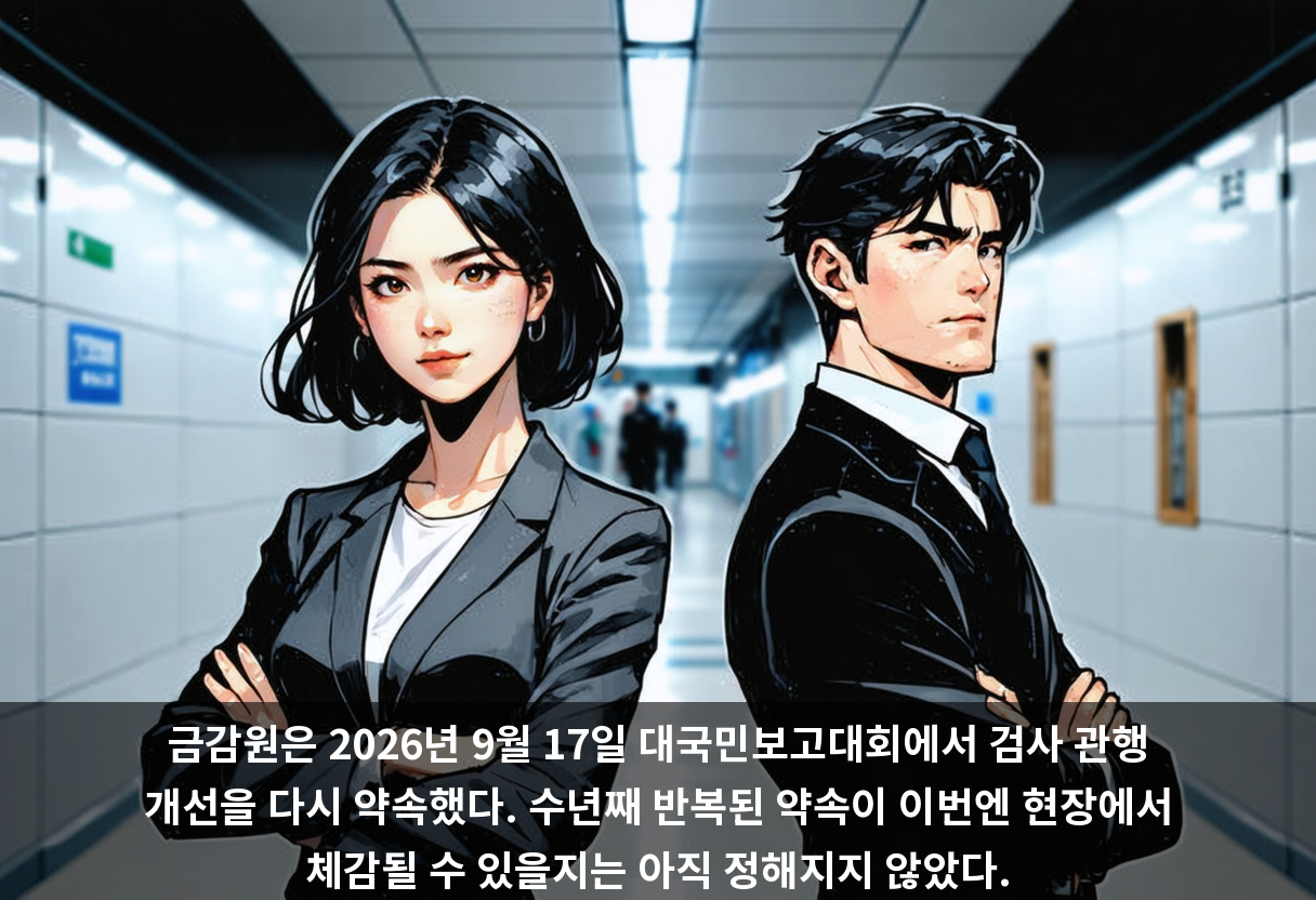 금감원은 2026년 9월 17일 대국민보고대회에서 검사 관행 개선을 다시 약속했다. 수년째 반복된 약속이 이번엔 현장에서 체감될 수 있을지는 아직 정해지지 않았다.