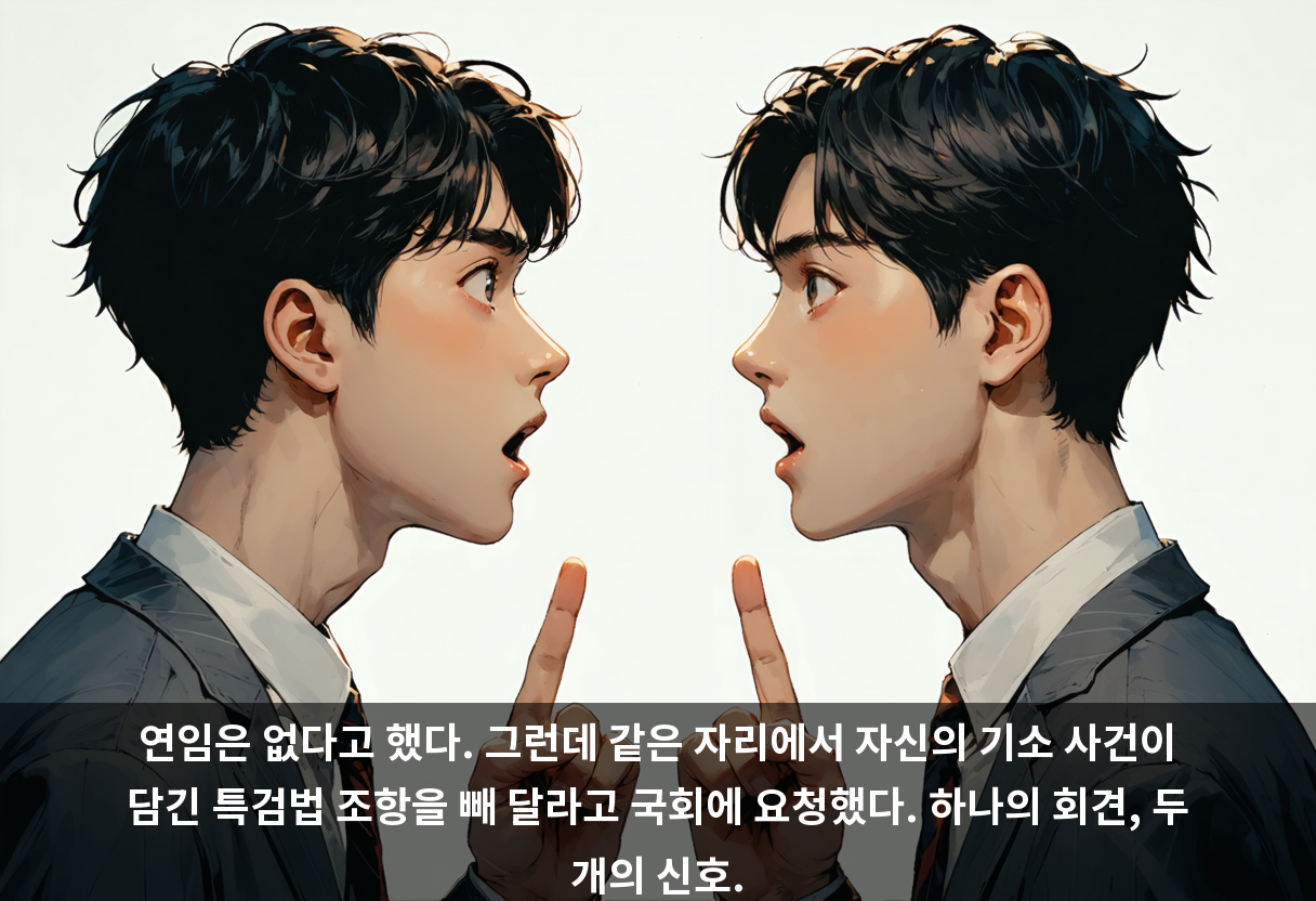 연임은 없다고 했다. 그런데 같은 자리에서 자신의 기소 사건이 담긴 특검법 조항을 빼 달라고 국회에 요청했다. 하나의 회견, 두 개의 신호.