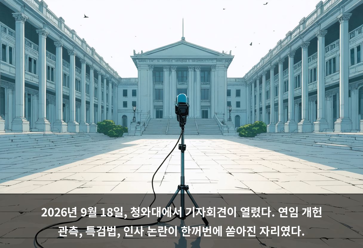 2026년 9월 18일, 청와대에서 기자회견이 열렸다. 연임 개헌 관측, 특검법, 인사 논란이 한꺼번에 쏟아진 자리였다.