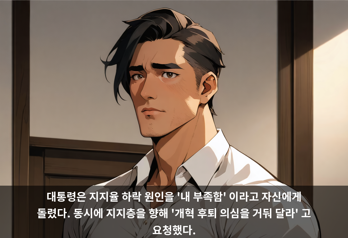 대통령은 지지율 하락 원인을 '내 부족함' 이라고 자신에게 돌렸다. 동시에 지지층을 향해 '개혁 후퇴 의심을 거둬 달라' 고 요청했다.