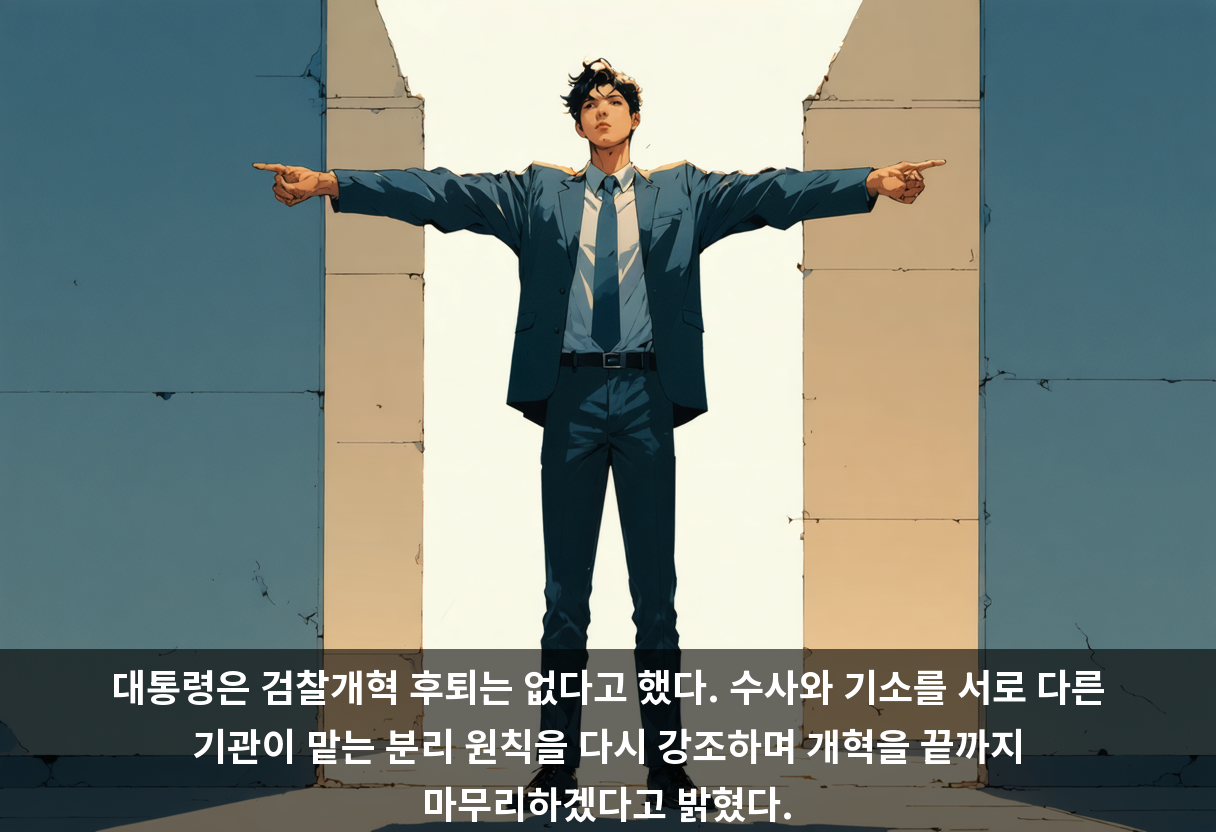 대통령은 검찰개혁 후퇴는 없다고 했다. 수사와 기소를 서로 다른 기관이 맡는 분리 원칙을 다시 강조하며 개혁을 끝까지 마무리하겠다고 밝혔다.