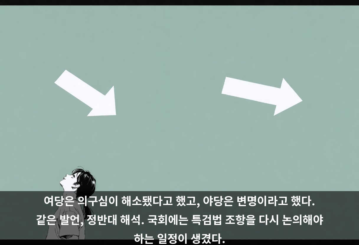 여당은 의구심이 해소됐다고 했고, 야당은 변명이라고 했다. 같은 발언, 정반대 해석. 국회에는 특검법 조항을 다시 논의해야 하는 일정이 생겼다.