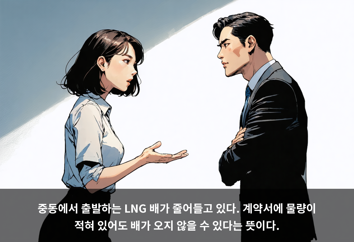 중동에서 출발하는 LNG 배가 줄어들고 있다. 계약서에 물량이 적혀 있어도 배가 오지 않을 수 있다는 뜻이다.