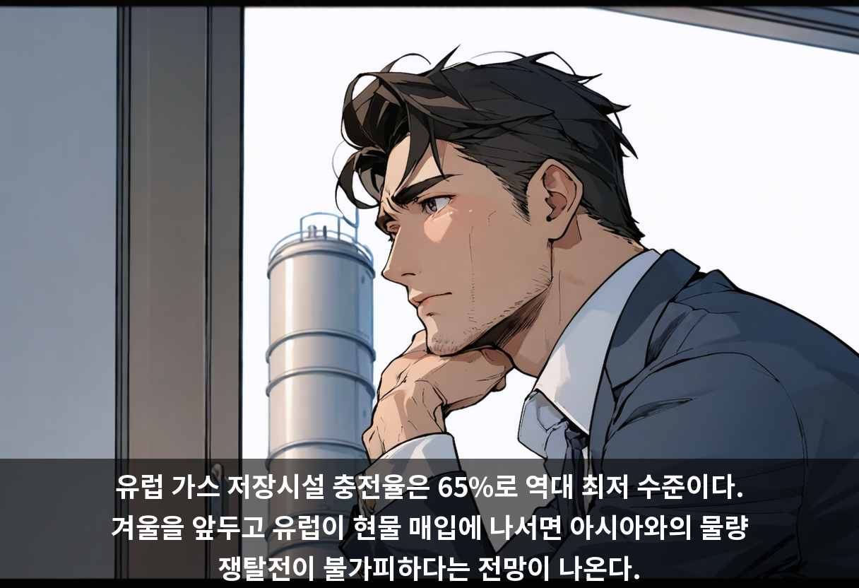 유럽 가스 저장시설 충전율은 65%로 역대 최저 수준이다. 겨울을 앞두고 유럽이 현물 매입에 나서면 아시아와의 물량 쟁탈전이 불가피하다는 전망이 나온다.