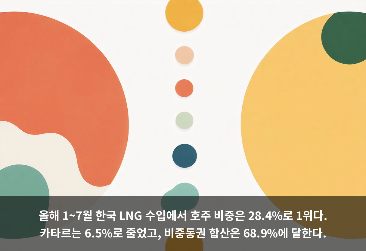 올해 1~7월 한국 LNG 수입에서 호주 비중은 28.4%로 1위다. 카타르는 6.5%로 줄었고, 비중동권 합산은 68.9%에 달한다.