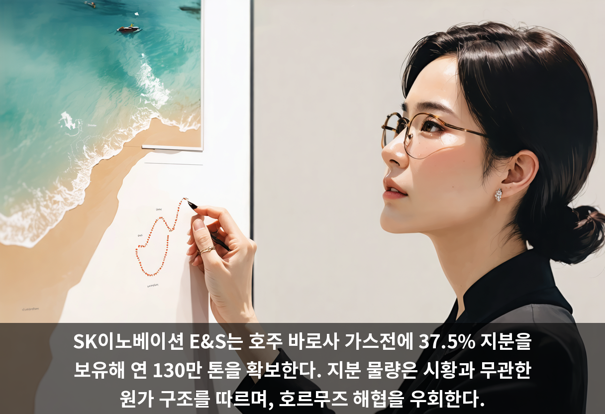 SK이노베이션 E&S는 호주 바로사 가스전에 37.5% 지분을 보유해 연 130만 톤을 확보한다. 지분 물량은 시황과 무관한 원가 구조를 따르며, 호르무즈 해협을 우회한다.