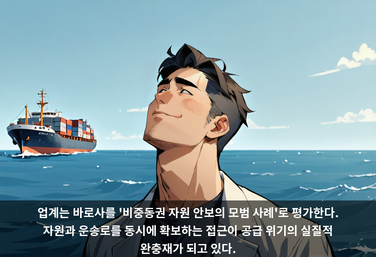 업계는 바로사를 '비중동권 자원 안보의 모범 사례'로 평가한다. 자원과 운송로를 동시에 확보하는 접근이 공급 위기의 실질적 완충재가 되고 있다.
