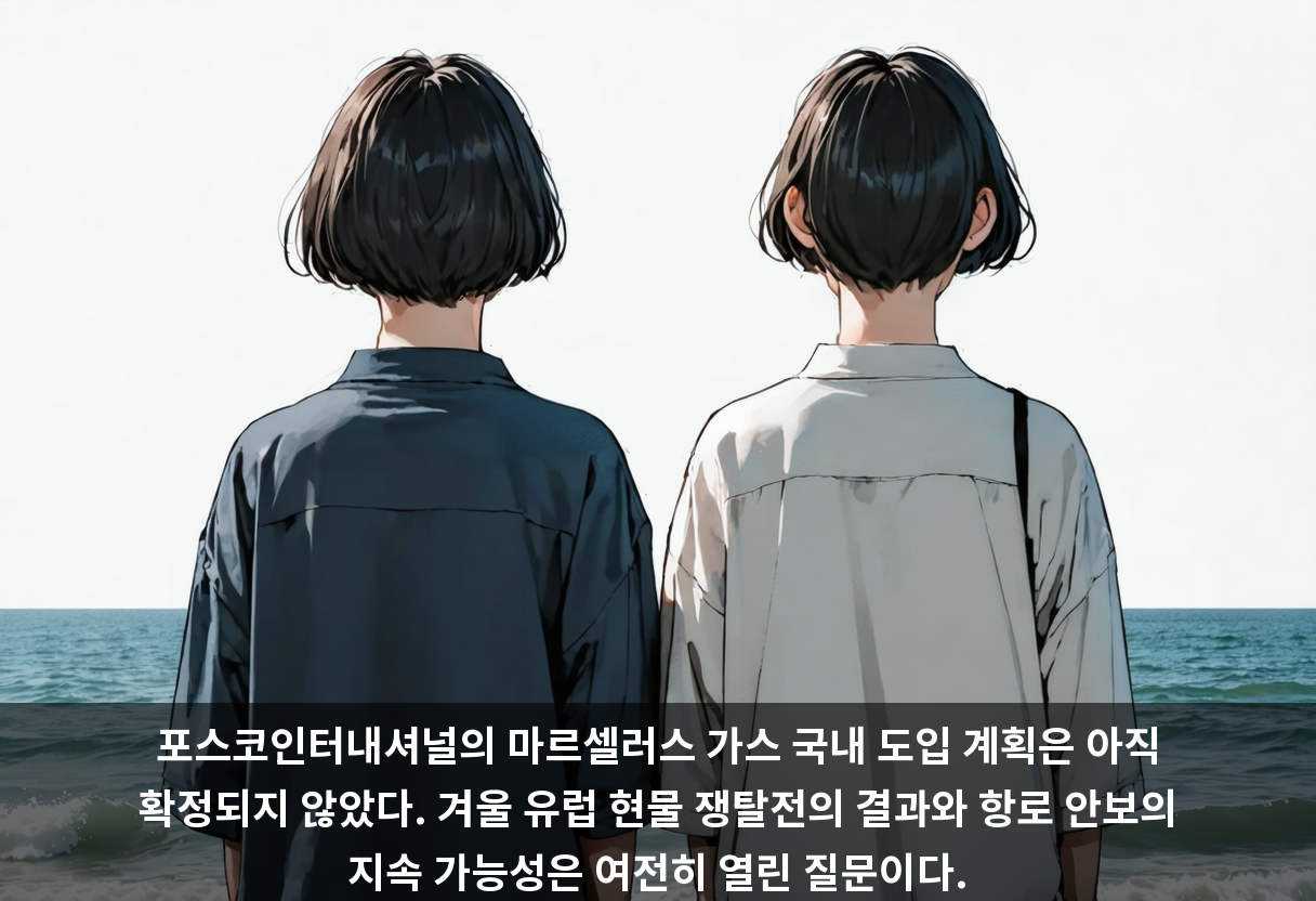 포스코인터내셔널의 마르셀러스 가스 국내 도입 계획은 아직 확정되지 않았다. 겨울 유럽 현물 쟁탈전의 결과와 항로 안보의 지속 가능성은 여전히 열린 질문이다.