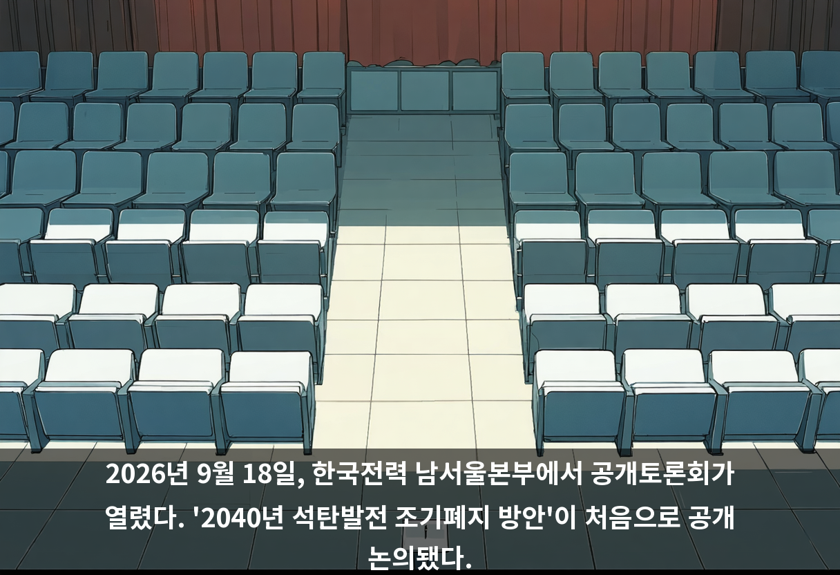 2026년 9월 18일, 한국전력 남서울본부에서 공개토론회가 열렸다. '2040년 석탄발전 조기폐지 방안'이 처음으로 공개 논의됐다.