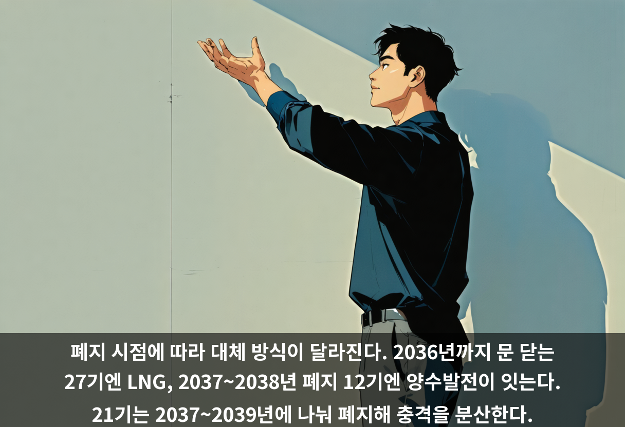 폐지 시점에 따라 대체 방식이 달라진다. 2036년까지 문 닫는 27기엔 LNG, 2037~2038년 폐지 12기엔 양수발전이 잇는다. 21기는 2037~2039년에 나눠 폐지해 충격을 분산한다.