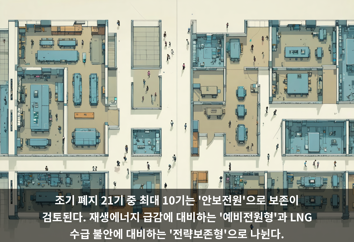 조기 폐지 21기 중 최대 10기는 '안보전원'으로 보존이 검토된다. 재생에너지 급감에 대비하는 '예비전원형'과 LNG 수급 불안에 대비하는 '전략보존형'으로 나뉜다.