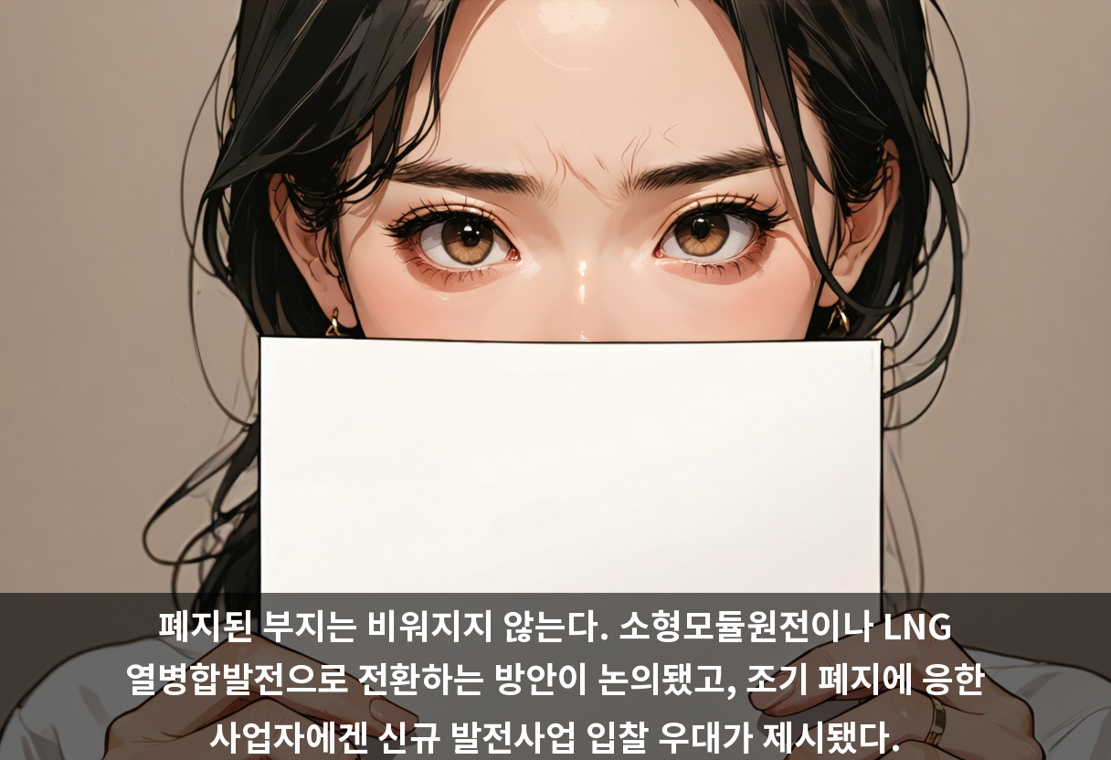 폐지된 부지는 비워지지 않는다. 소형모듈원전이나 LNG 열병합발전으로 전환하는 방안이 논의됐고, 조기 폐지에 응한 사업자에겐 신규 발전사업 입찰 우대가 제시됐다.